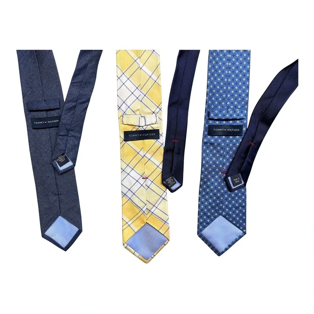Tommy Hilfiger Mens Necktie Bundle Set of 3 Plaid Geometric Solid Blue Yellow